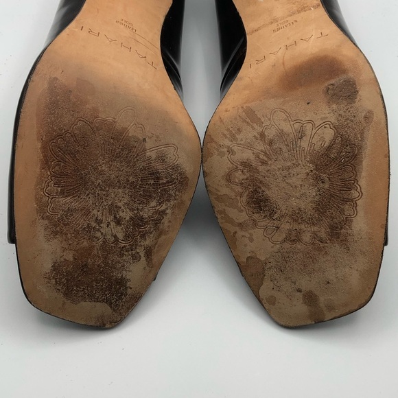 TAHARI PATENT LEATHER ANIMAL PRINT OPEN TOE PUMPS - Picture 5 of 16